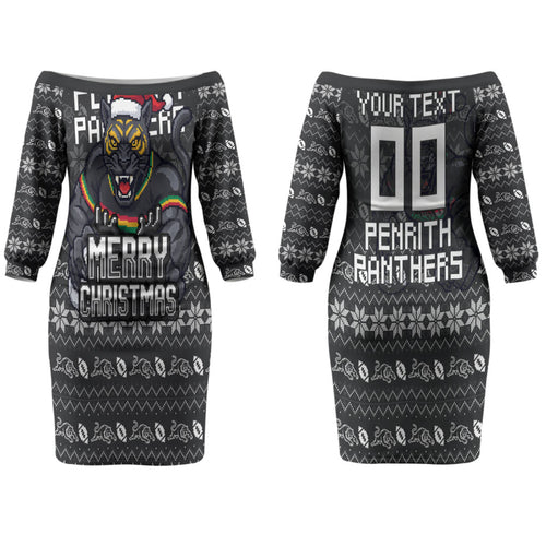 Personalized Penrith Panthers Christmas Couples Matching Off The Shoulder Long Sleeve Dress and Hawaiian Shirt Australian Rugby Fans - Pixelated Ugly Xmas Pattern Mascot Santa
