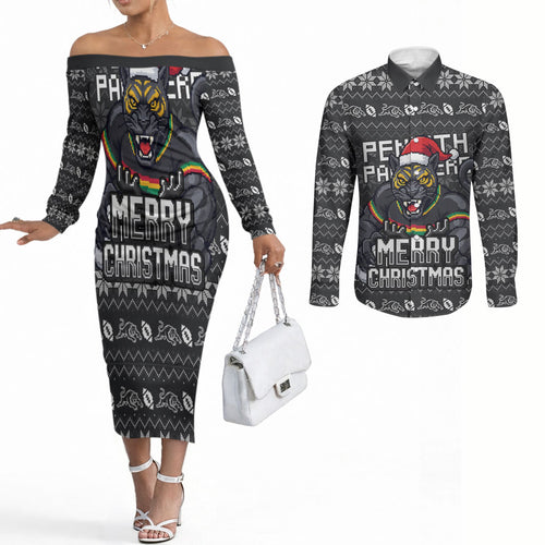 Personalized Penrith Panthers Christmas Couples Matching Off The Shoulder Long Sleeve Dress and Long Sleeve Button Shirt Australian Rugby Fans - Pixelated Ugly Xmas Pattern Mascot Santa