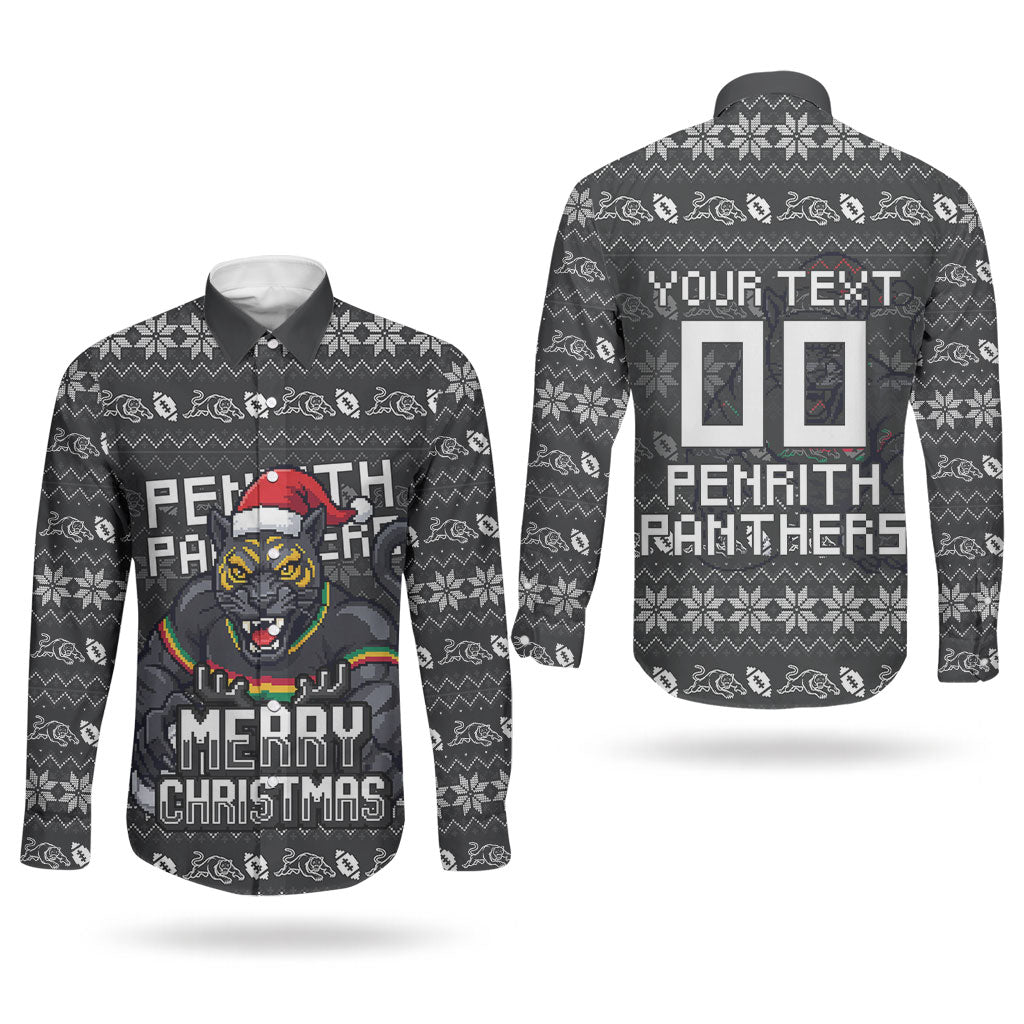 Personalized Penrith Panthers Christmas Couples Matching Off The Shoulder Long Sleeve Dress and Long Sleeve Button Shirt Australian Rugby Fans - Pixelated Ugly Xmas Pattern Mascot Santa