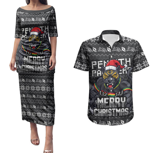 Personalized Penrith Panthers Christmas Couples Matching Puletasi and Hawaiian Shirt Australian Rugby Fans - Pixelated Ugly Xmas Pattern Mascot Santa