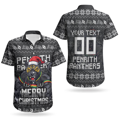 Personalized Penrith Panthers Christmas Couples Matching Puletasi and Hawaiian Shirt Australian Rugby Fans - Pixelated Ugly Xmas Pattern Mascot Santa