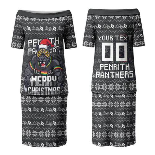 Personalized Penrith Panthers Christmas Couples Matching Puletasi and Hawaiian Shirt Australian Rugby Fans - Pixelated Ugly Xmas Pattern Mascot Santa