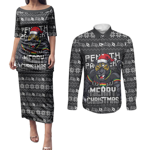 Personalized Penrith Panthers Christmas Couples Matching Puletasi and Long Sleeve Button Shirt Australian Rugby Fans - Pixelated Ugly Xmas Pattern Mascot Santa