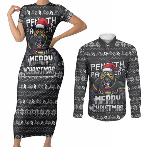 Personalized Penrith Panthers Christmas Couples Matching Short Sleeve Bodycon Dress and Long Sleeve Button Shirt Australian Rugby Fans - Pixelated Ugly Xmas Pattern Mascot Santa