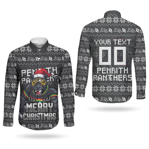 Personalized Penrith Panthers Christmas Couples Matching Short Sleeve Bodycon Dress and Long Sleeve Button Shirt Australian Rugby Fans - Pixelated Ugly Xmas Pattern Mascot Santa