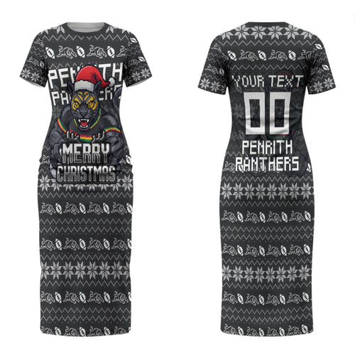 Personalized Penrith Panthers Christmas Couples Matching Short Sleeve Bodycon Dress and Long Sleeve Button Shirt Australian Rugby Fans - Pixelated Ugly Xmas Pattern Mascot Santa
