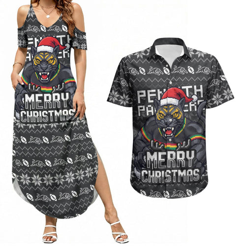 Personalized Penrith Panthers Christmas Couples Matching Summer Maxi Dress and Hawaiian Shirt Australian Rugby Fans - Pixelated Ugly Xmas Pattern Mascot Santa