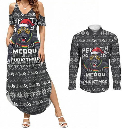 Personalized Penrith Panthers Christmas Couples Matching Summer Maxi Dress and Long Sleeve Button Shirt Australian Rugby Fans - Pixelated Ugly Xmas Pattern Mascot Santa