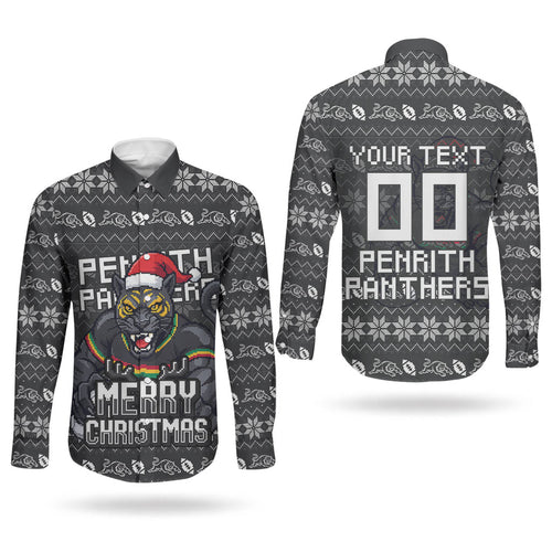 Personalized Penrith Panthers Christmas Couples Matching Summer Maxi Dress and Long Sleeve Button Shirt Australian Rugby Fans - Pixelated Ugly Xmas Pattern Mascot Santa