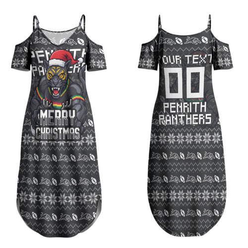 Personalized Penrith Panthers Christmas Couples Matching Summer Maxi Dress and Long Sleeve Button Shirt Australian Rugby Fans - Pixelated Ugly Xmas Pattern Mascot Santa