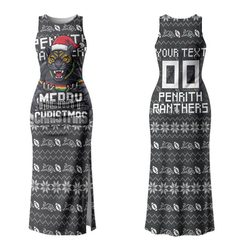 Personalized Penrith Panthers Christmas Couples Matching Tank Maxi Dress and Long Sleeve Button Shirt Australian Rugby Fans - Pixelated Ugly Xmas Pattern Mascot Santa