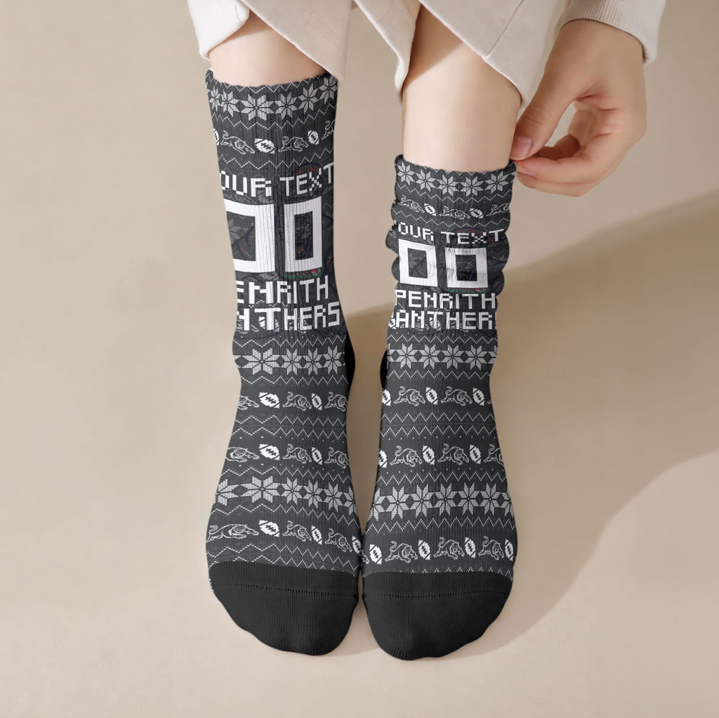 Personalized Penrith Panthers Christmas Crew Socks Australian Rugby Fans - Pixelated Ugly Xmas Pattern Mascot Santa