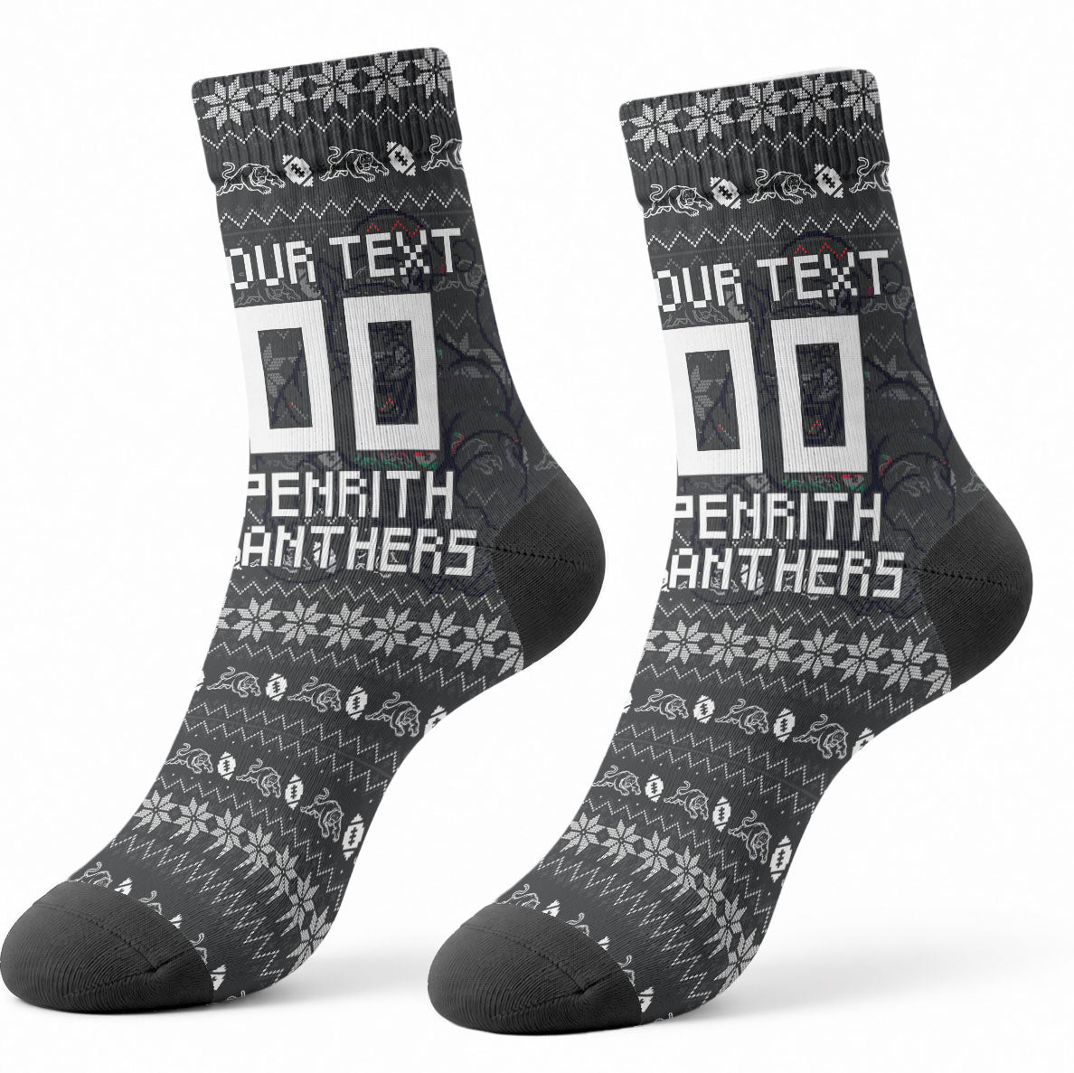 Personalized Penrith Panthers Christmas Crew Socks Australian Rugby Fans - Pixelated Ugly Xmas Pattern Mascot Santa