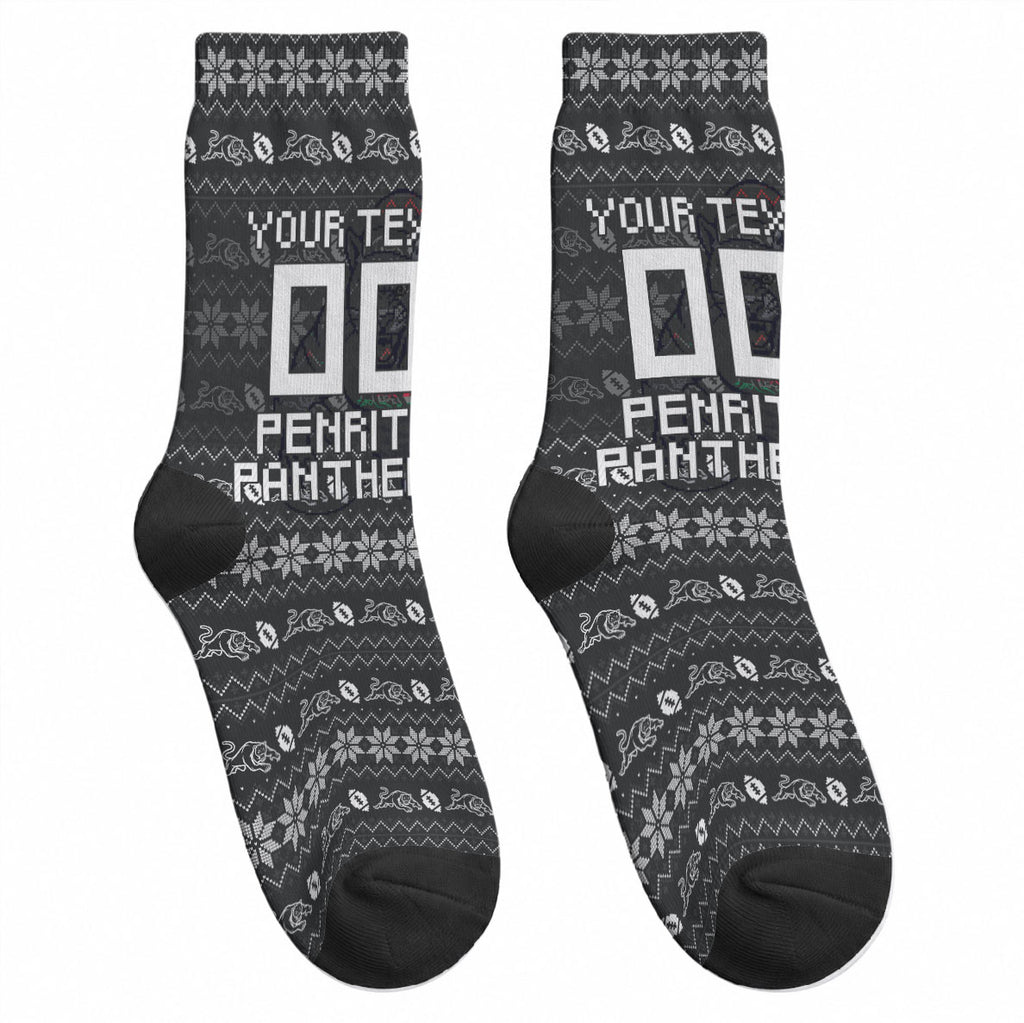Personalized Penrith Panthers Christmas Crew Socks Australian Rugby Fans - Pixelated Ugly Xmas Pattern Mascot Santa