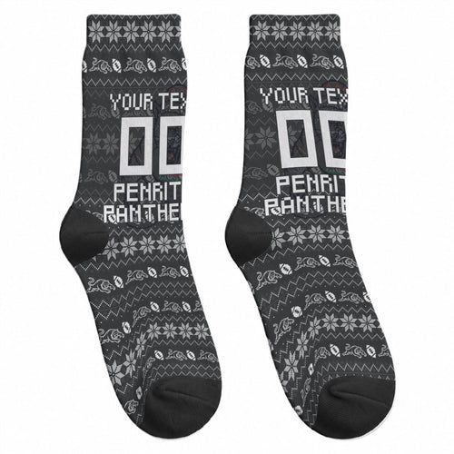 Personalized Penrith Panthers Christmas Crew Socks Australian Rugby Fans - Pixelated Ugly Xmas Pattern Mascot Santa