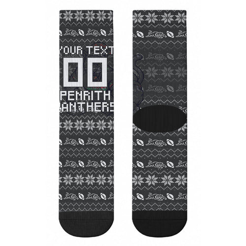 Personalized Penrith Panthers Christmas Crew Socks Australian Rugby Fans - Pixelated Ugly Xmas Pattern Mascot Santa