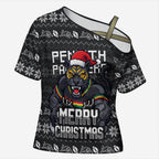 Personalized Penrith Panthers Christmas Cross Shoulder Shirt Australian Rugby Fans - Pixelated Ugly Xmas Pattern Mascot Santa