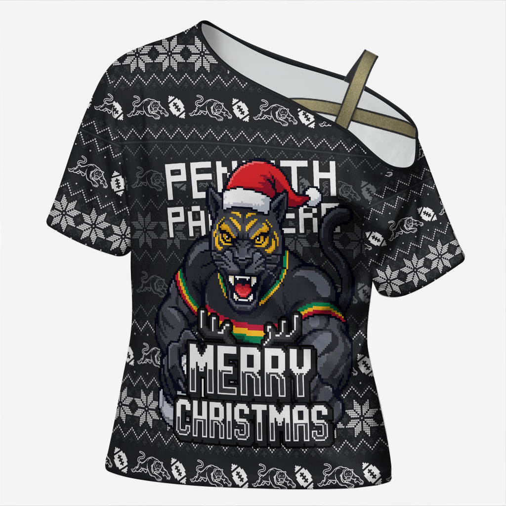 Personalized Penrith Panthers Christmas Cross Shoulder Shirt Australian Rugby Fans - Pixelated Ugly Xmas Pattern Mascot Santa