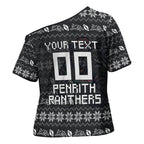 Personalized Penrith Panthers Christmas Cross Shoulder Shirt Australian Rugby Fans - Pixelated Ugly Xmas Pattern Mascot Santa
