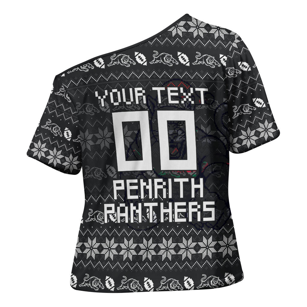 Personalized Penrith Panthers Christmas Cross Shoulder Shirt Australian Rugby Fans - Pixelated Ugly Xmas Pattern Mascot Santa