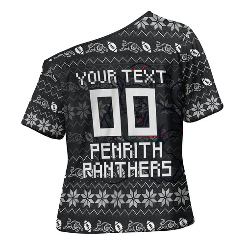 Personalized Penrith Panthers Christmas Cross Shoulder Shirt Australian Rugby Fans - Pixelated Ugly Xmas Pattern Mascot Santa