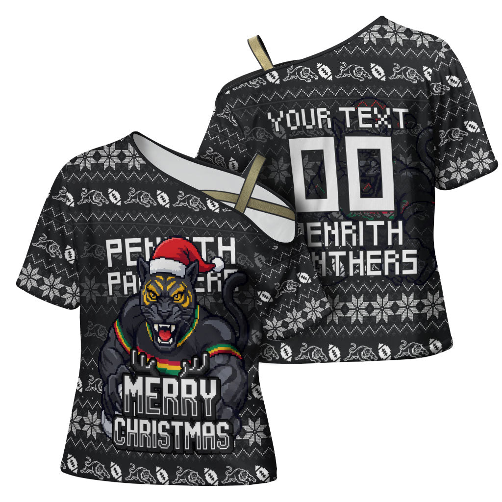 Personalized Penrith Panthers Christmas Cross Shoulder Shirt Australian Rugby Fans - Pixelated Ugly Xmas Pattern Mascot Santa