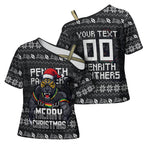 Personalized Penrith Panthers Christmas Cross Shoulder Shirt Australian Rugby Fans - Pixelated Ugly Xmas Pattern Mascot Santa