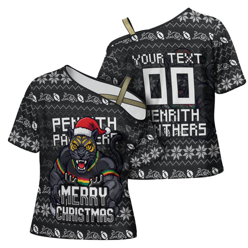 Personalized Penrith Panthers Christmas Cross Shoulder Shirt Australian Rugby Fans - Pixelated Ugly Xmas Pattern Mascot Santa