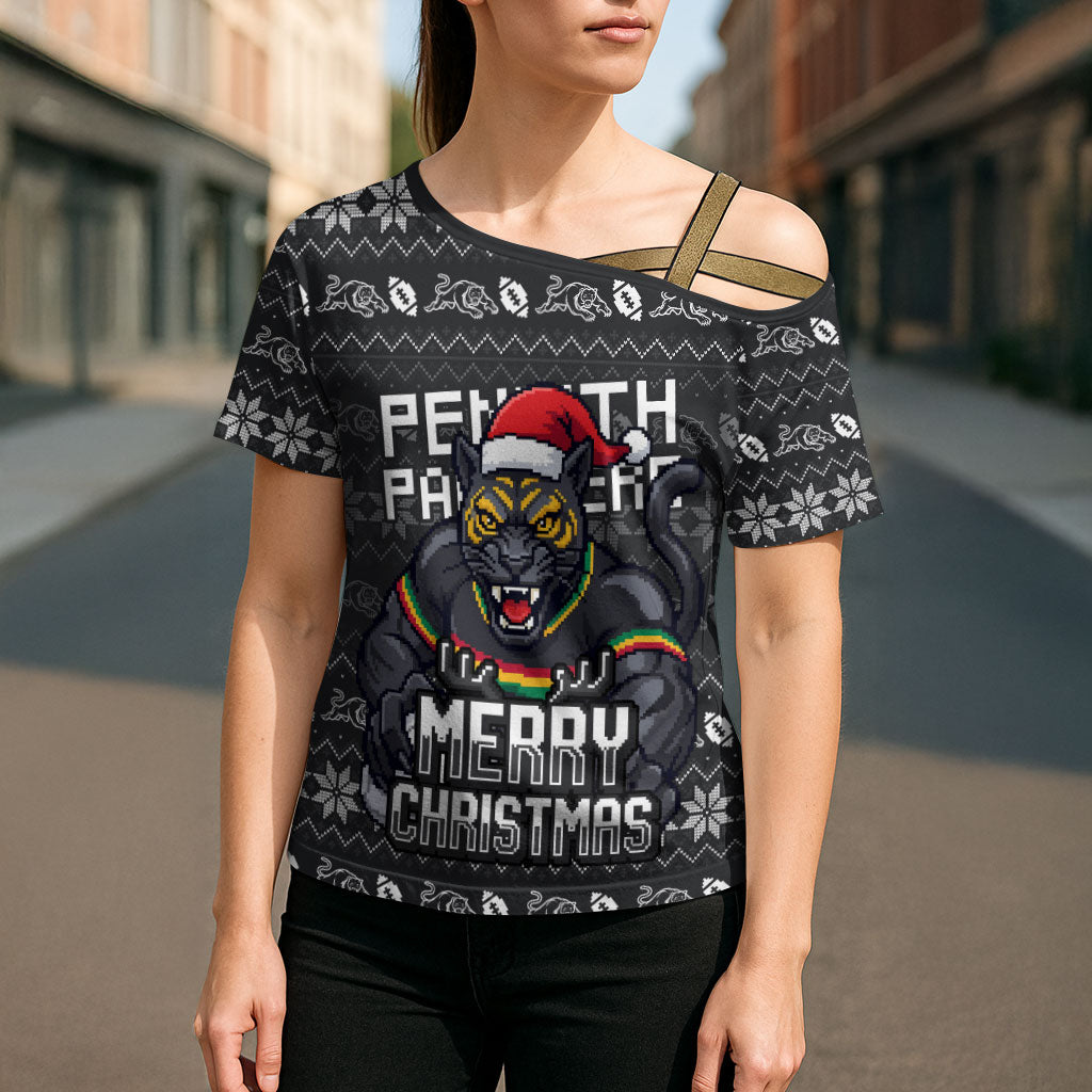 Personalized Penrith Panthers Christmas Cross Shoulder Shirt Australian Rugby Fans - Pixelated Ugly Xmas Pattern Mascot Santa