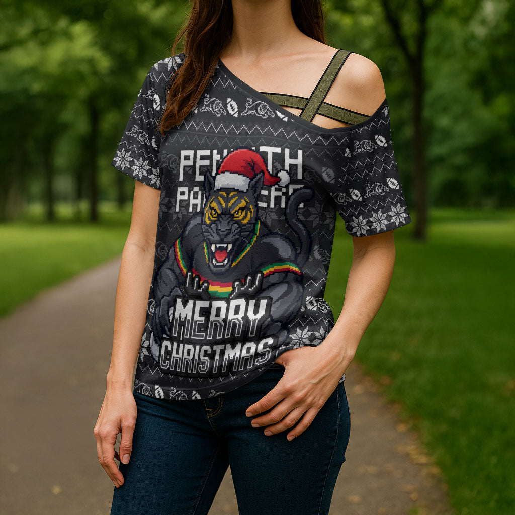 Personalized Penrith Panthers Christmas Cross Shoulder Shirt Australian Rugby Fans - Pixelated Ugly Xmas Pattern Mascot Santa