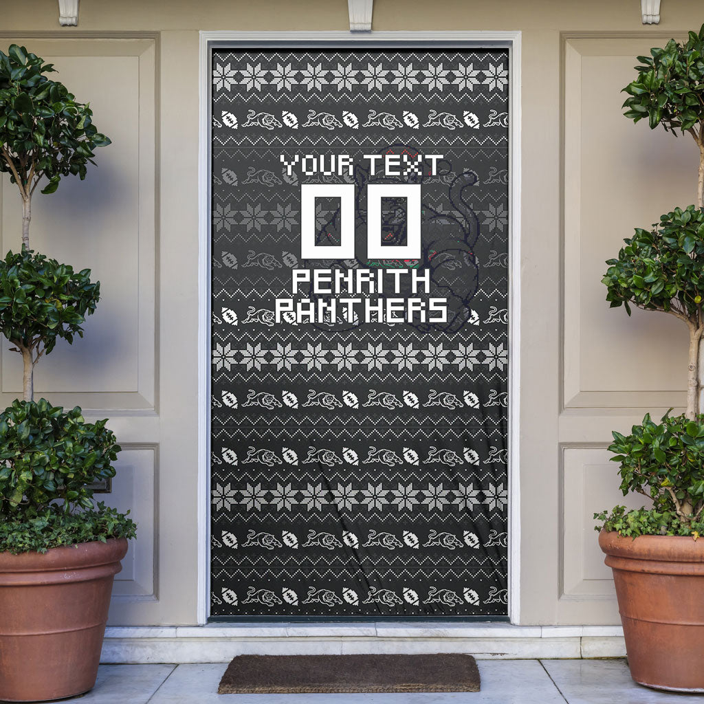 Personalized Penrith Panthers Christmas Door Cover Australian Rugby Fans - Pixelated Ugly Xmas Pattern Mascot Santa