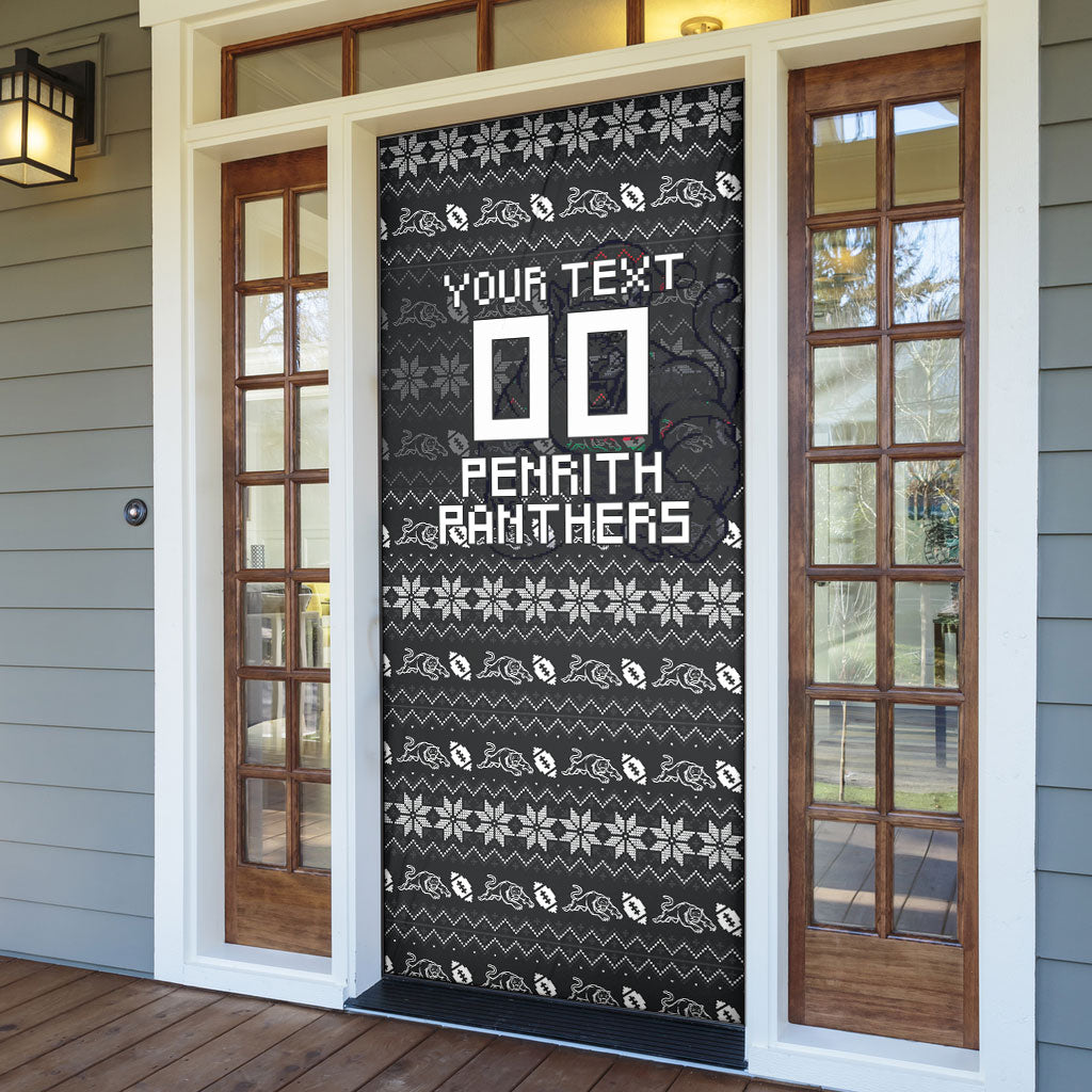 Personalized Penrith Panthers Christmas Door Cover Australian Rugby Fans - Pixelated Ugly Xmas Pattern Mascot Santa