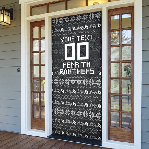 Personalized Penrith Panthers Christmas Door Cover Australian Rugby Fans - Pixelated Ugly Xmas Pattern Mascot Santa