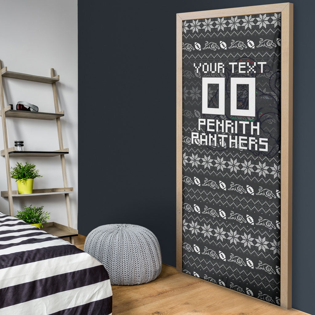 Personalized Penrith Panthers Christmas Door Cover Australian Rugby Fans - Pixelated Ugly Xmas Pattern Mascot Santa