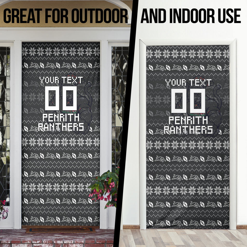 Personalized Penrith Panthers Christmas Door Cover Australian Rugby Fans - Pixelated Ugly Xmas Pattern Mascot Santa