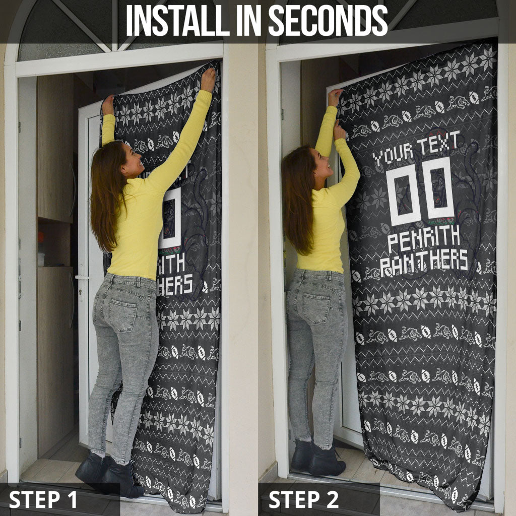 Personalized Penrith Panthers Christmas Door Cover Australian Rugby Fans - Pixelated Ugly Xmas Pattern Mascot Santa