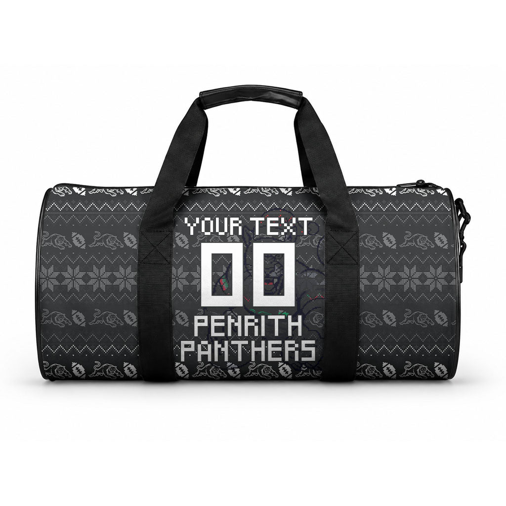 Personalized Penrith Panthers Christmas Duffle Bag Australian Rugby Fans - Pixelated Ugly Xmas Pattern Mascot Santa