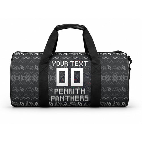 Personalized Penrith Panthers Christmas Duffle Bag Australian Rugby Fans - Pixelated Ugly Xmas Pattern Mascot Santa