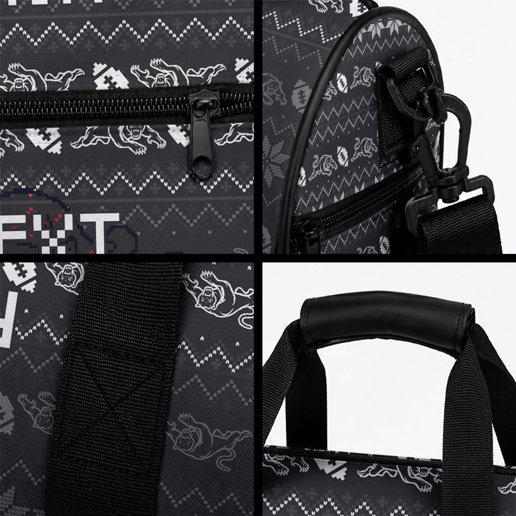 Personalized Penrith Panthers Christmas Duffle Bag Australian Rugby Fans - Pixelated Ugly Xmas Pattern Mascot Santa
