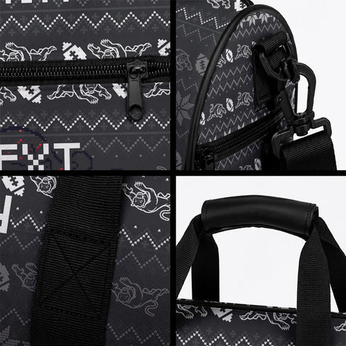 Personalized Penrith Panthers Christmas Duffle Bag Australian Rugby Fans - Pixelated Ugly Xmas Pattern Mascot Santa