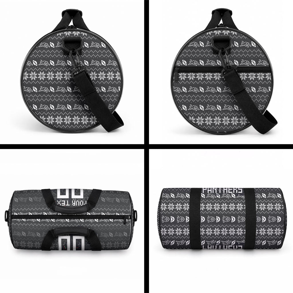 Personalized Penrith Panthers Christmas Duffle Bag Australian Rugby Fans - Pixelated Ugly Xmas Pattern Mascot Santa
