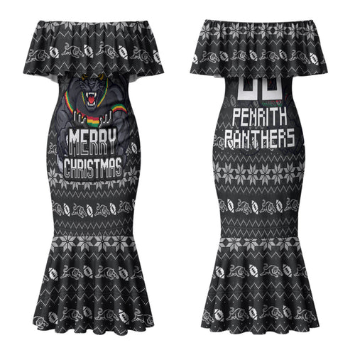 Personalized Penrith Panthers Christmas Family Matching Mermaid Dress and Hawaiian Shirt Australian Rugby Fans - Pixelated Ugly Xmas Pattern Mascot Santa