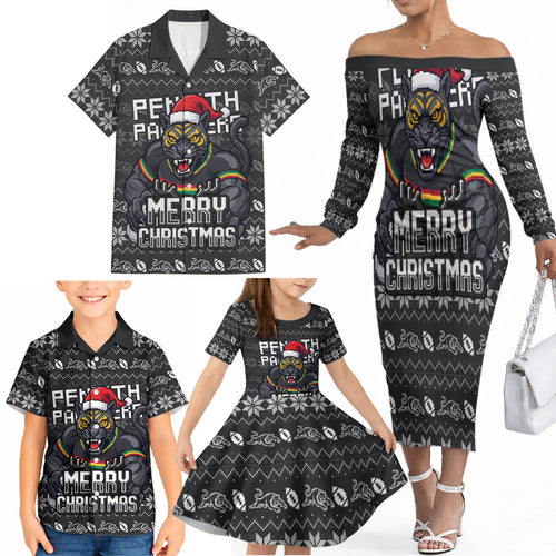 Personalized Penrith Panthers Christmas Family Matching Off The Shoulder Long Sleeve Dress and Hawaiian Shirt Australian Rugby Fans - Pixelated Ugly Xmas Pattern Mascot Santa