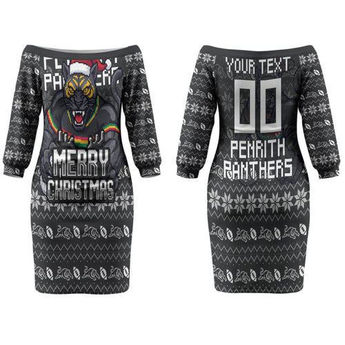 Personalized Penrith Panthers Christmas Family Matching Off The Shoulder Long Sleeve Dress and Hawaiian Shirt Australian Rugby Fans - Pixelated Ugly Xmas Pattern Mascot Santa
