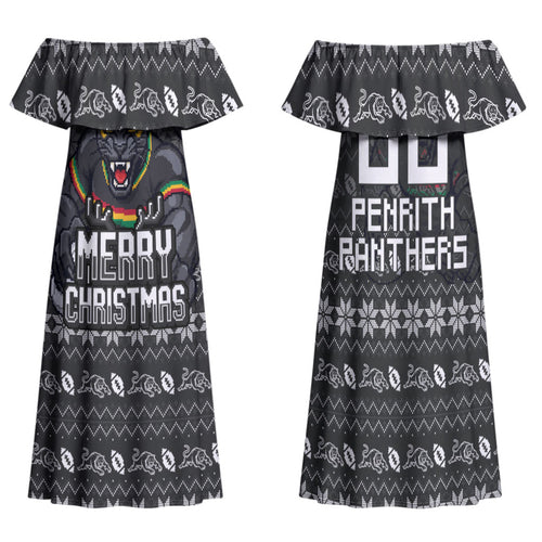 Personalized Penrith Panthers Christmas Family Matching Off Shoulder Maxi Dress and Hawaiian Shirt Australian Rugby Fans - Pixelated Ugly Xmas Pattern Mascot Santa
