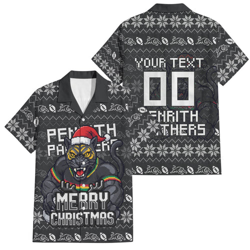 Personalized Penrith Panthers Christmas Family Matching Off Shoulder Short Dress and Hawaiian Shirt Australian Rugby Fans - Pixelated Ugly Xmas Pattern Mascot Santa