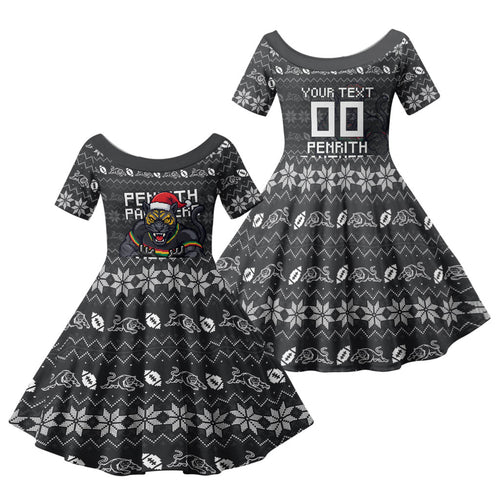Personalized Penrith Panthers Christmas Family Matching Off Shoulder Short Dress and Hawaiian Shirt Australian Rugby Fans - Pixelated Ugly Xmas Pattern Mascot Santa