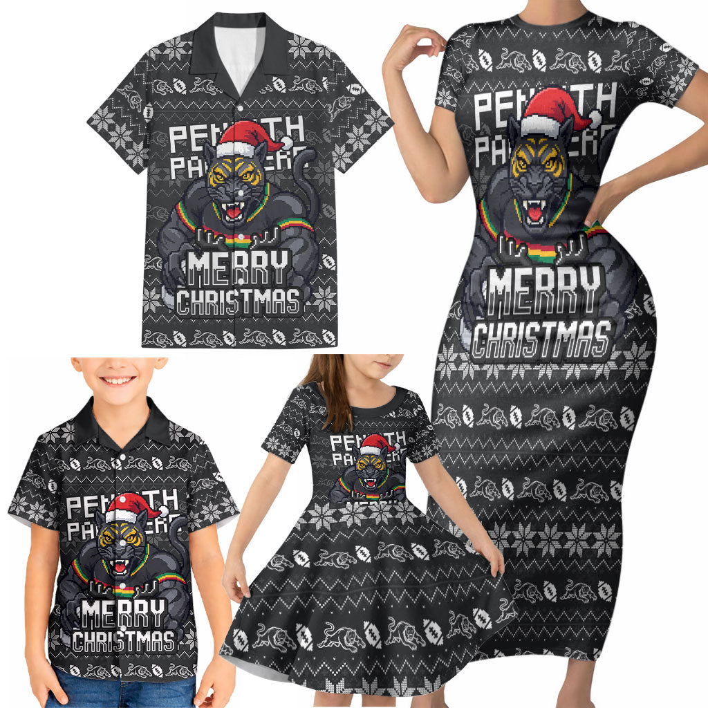 Personalized Penrith Panthers Christmas Family Matching Short Sleeve Bodycon Dress and Hawaiian Shirt Australian Rugby Fans - Pixelated Ugly Xmas Pattern Mascot Santa