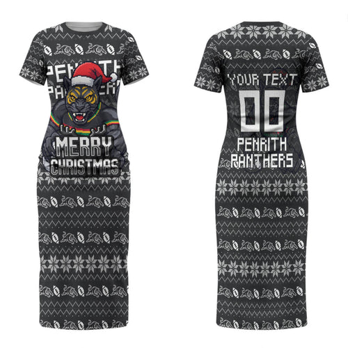 Personalized Penrith Panthers Christmas Family Matching Short Sleeve Bodycon Dress and Hawaiian Shirt Australian Rugby Fans - Pixelated Ugly Xmas Pattern Mascot Santa
