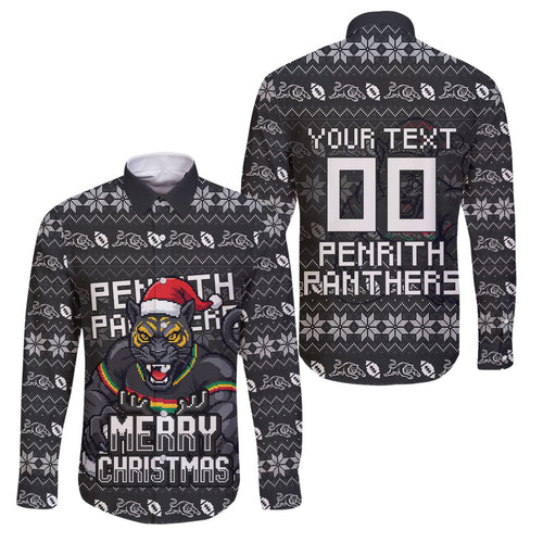 Personalized Penrith Panthers Christmas Family Matching Short Sleeve Bodycon Dress and Hawaiian Shirt Australian Rugby Fans - Pixelated Ugly Xmas Pattern Mascot Santa